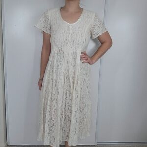 Vtg Cream Lace Midi Dress Cottagecore Boho Short Sleeve Romantic Wedding Size 10
